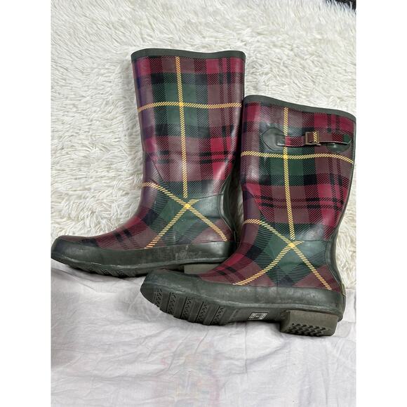 L.L. Bean Wellies MidCalf Waterproof Rain Boots Womens Size 9 Green Plaid Rubber - Picture 1 of 7